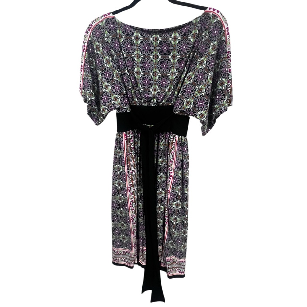 Maggy London Floral Geometric Blouson Dress Size 12 Black Waist Tie Lined - Picture 4 of 11